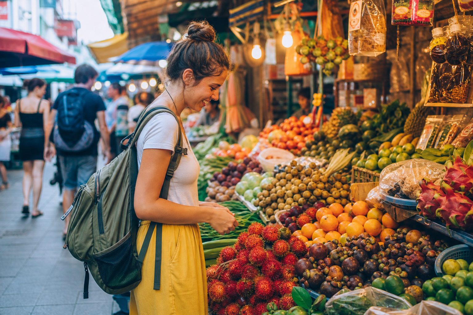 Backpacker at a colorful street market