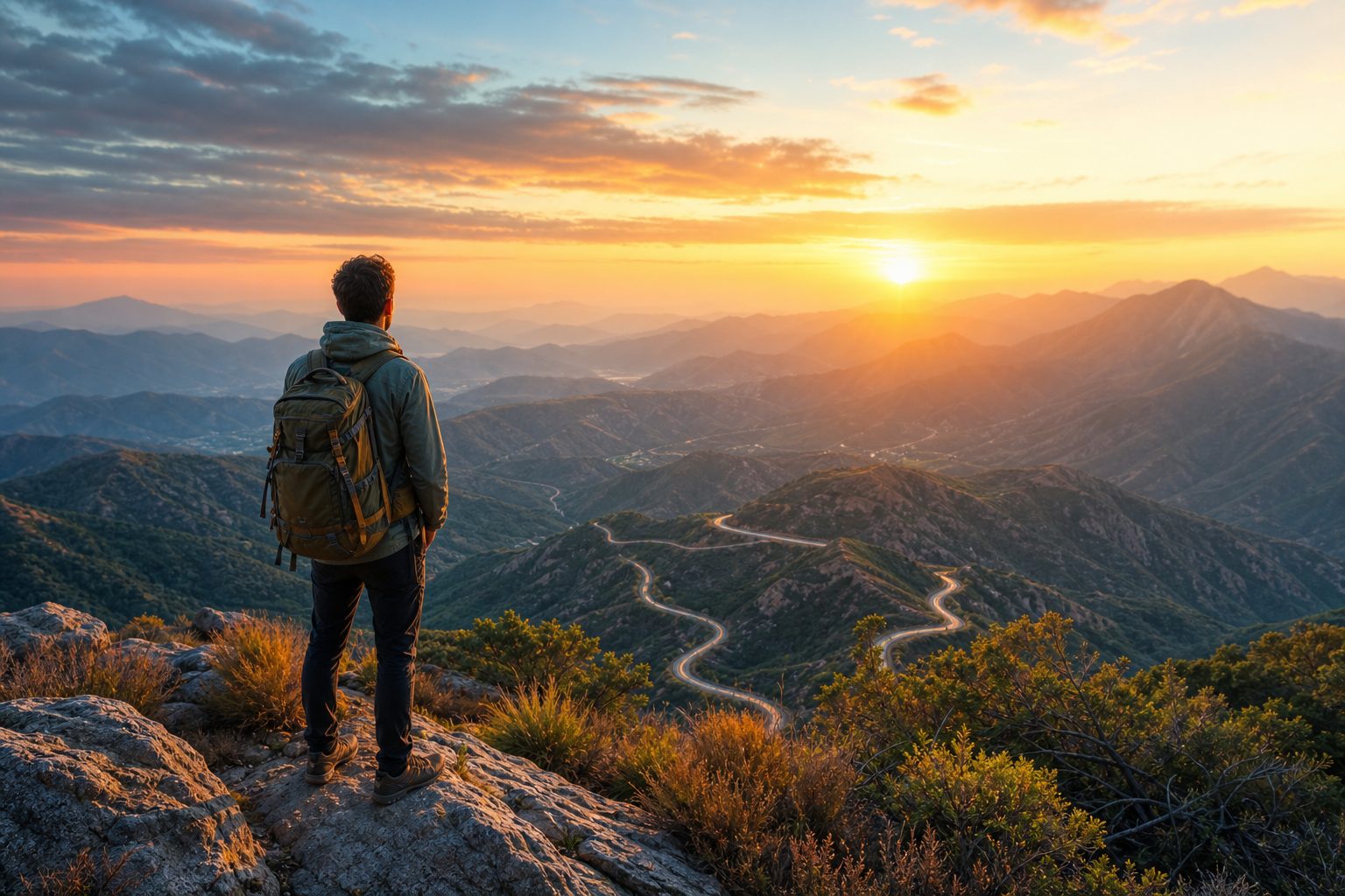 A traveler looking over mountains and a winding road at sunrise