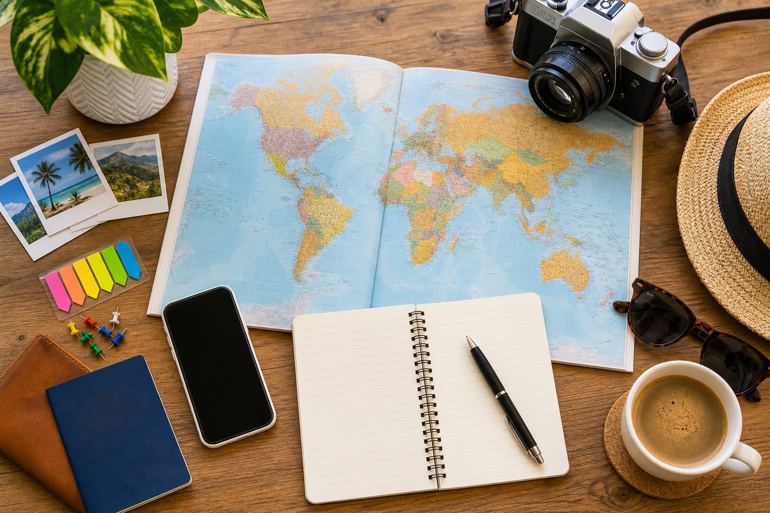 Trip planning flat-lay with a map, notebook and camera