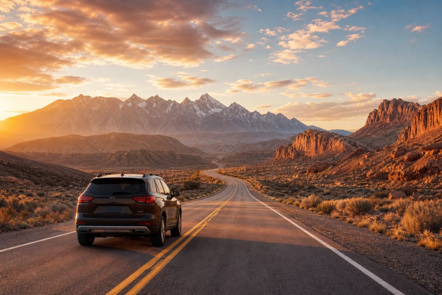 A car on an open scenic highway at golden hour