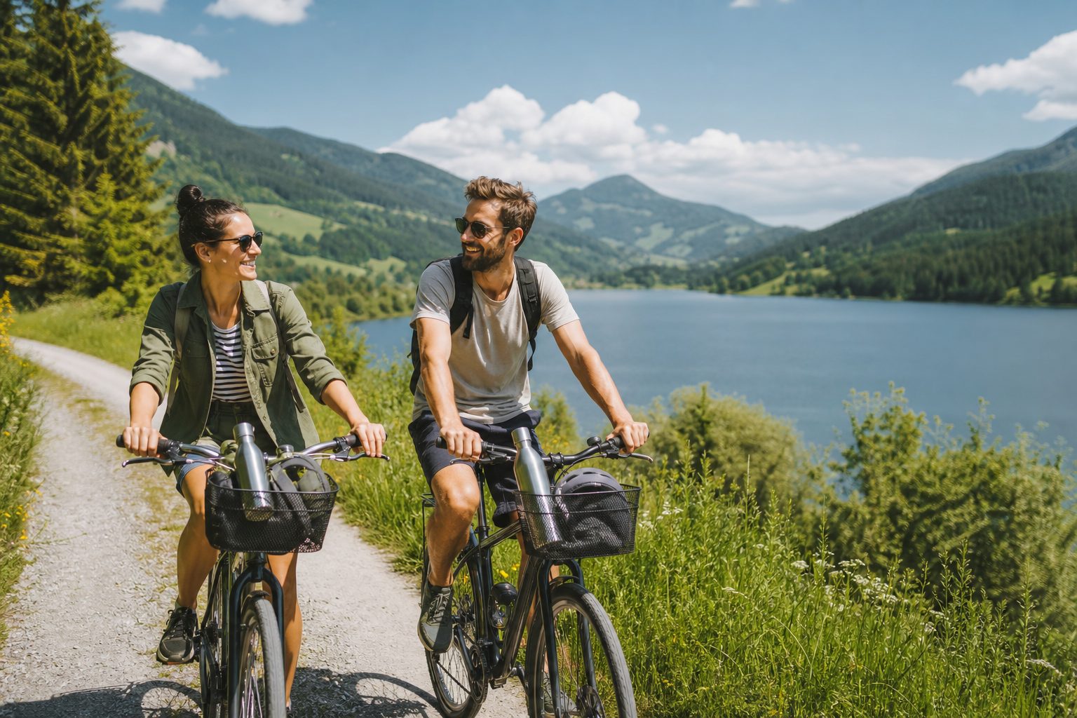 Cyclists on a green countryside trail