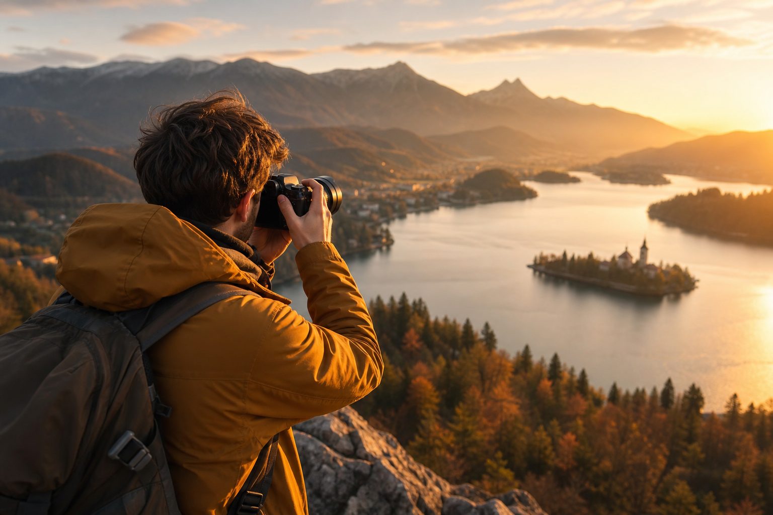 Photographer capturing a mountain lake